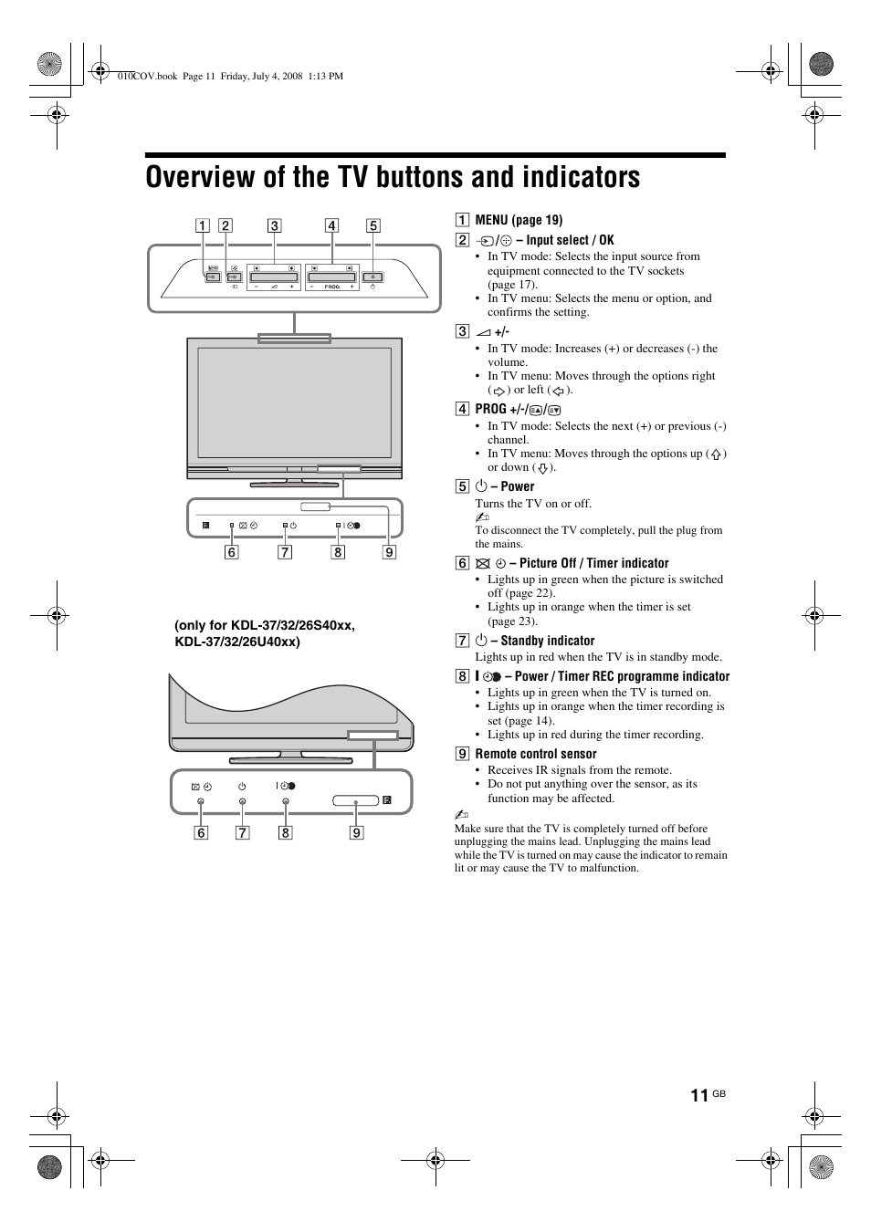 Overview of the tv buttons and indicators | Sony KDL-26 S4000 User Manual | Page 11 / 181