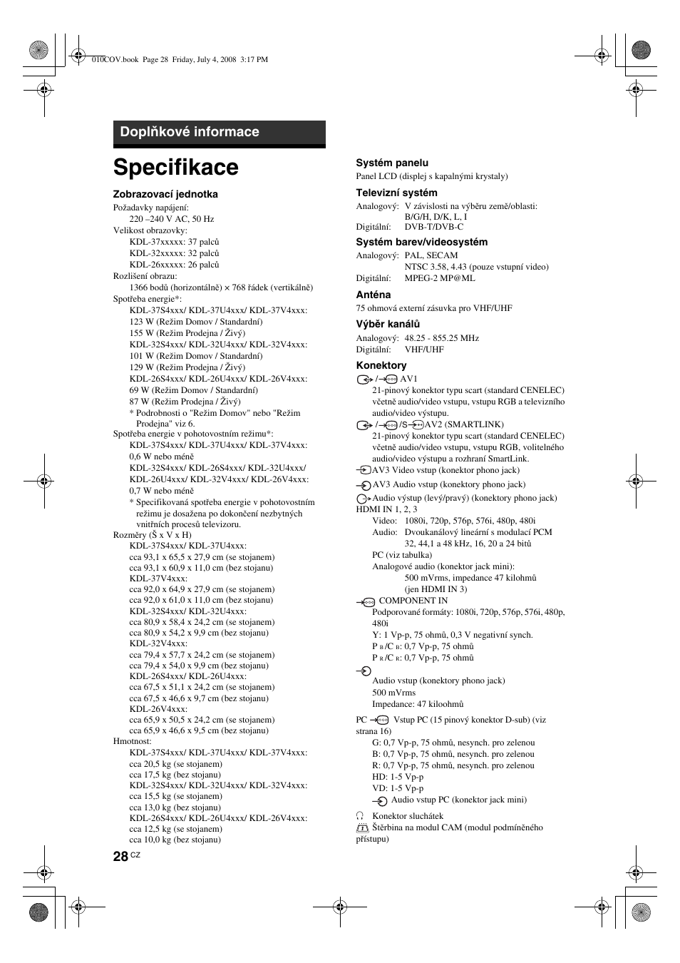 Specifikace, Doplňkové informace | Sony KDL-26 S4000 User Manual | Page 118 / 181