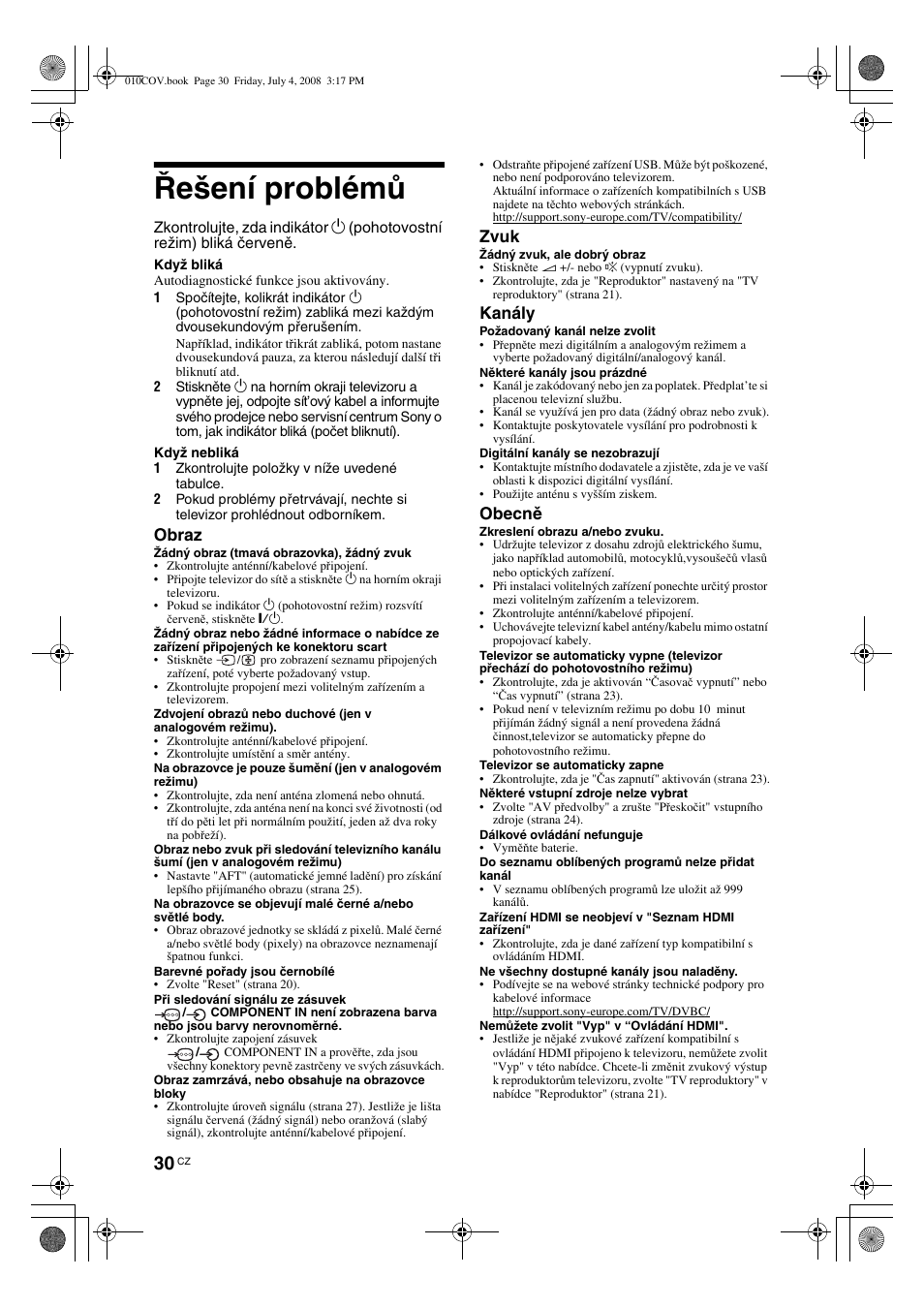 Řešení problémů, Obraz, Zvuk | Kanály, Obecně | Sony KDL-26 S4000 User Manual | Page 120 / 181