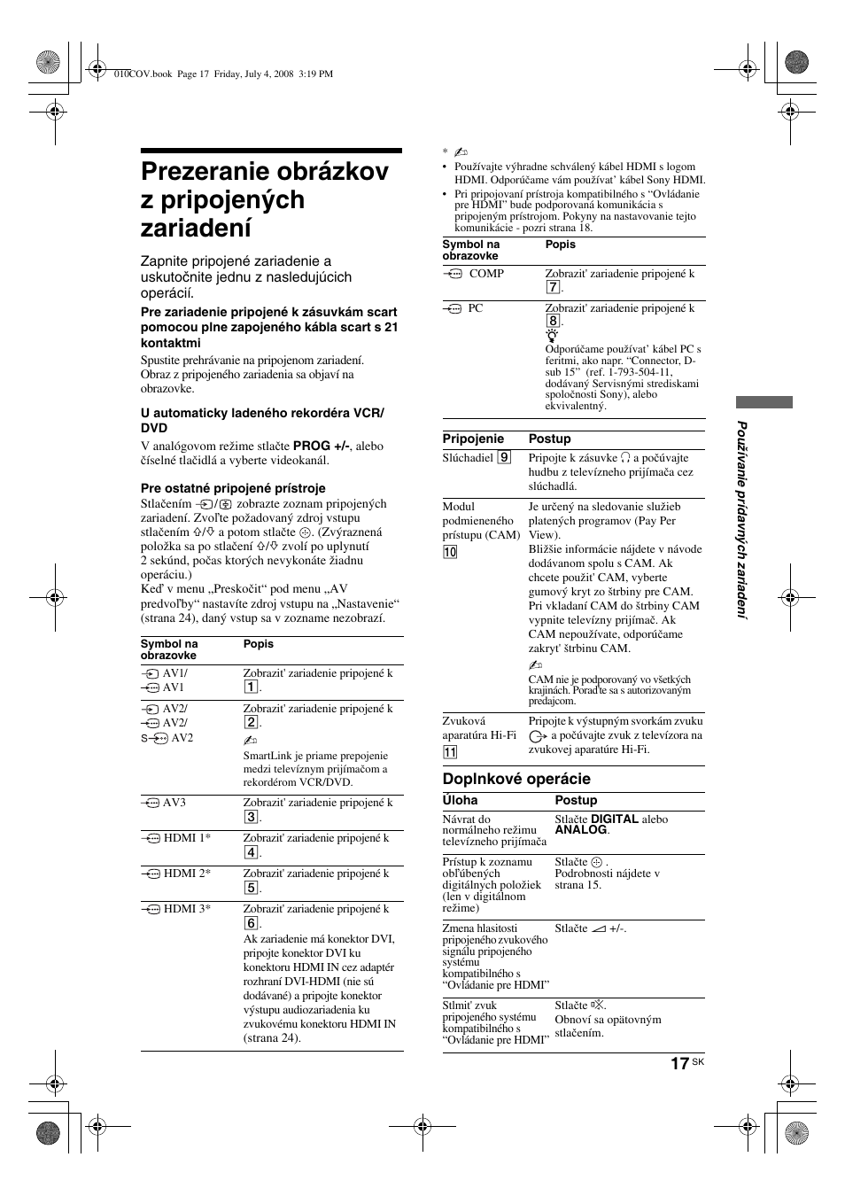 Prezeranie obrázkov z pripojených zariadení, Doplnkové operácie | Sony KDL-26 S4000 User Manual | Page 137 / 181