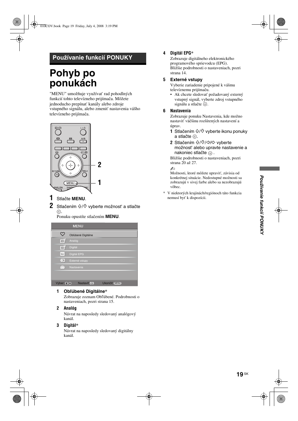Pohyb po ponukách, Používanie funkcií ponuky | Sony KDL-26 S4000 User Manual | Page 139 / 181