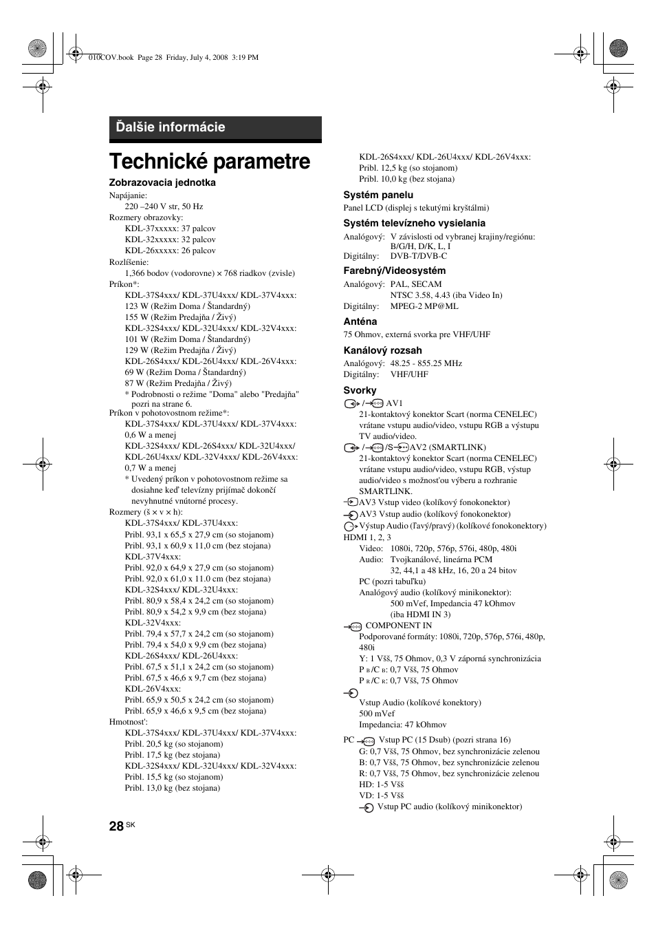 Technické parametre, Ďalšie informácie | Sony KDL-26 S4000 User Manual | Page 148 / 181