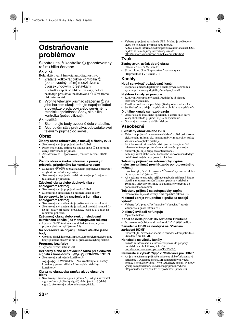 Odstraňovanie problémov, Obraz, Zvuk | Kanály, Všeobecné | Sony KDL-26 S4000 User Manual | Page 150 / 181