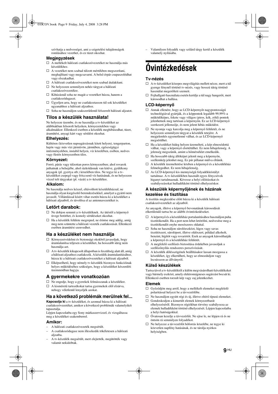 Óvintézkedések | Sony KDL-26 S4000 User Manual | Page 159 / 181