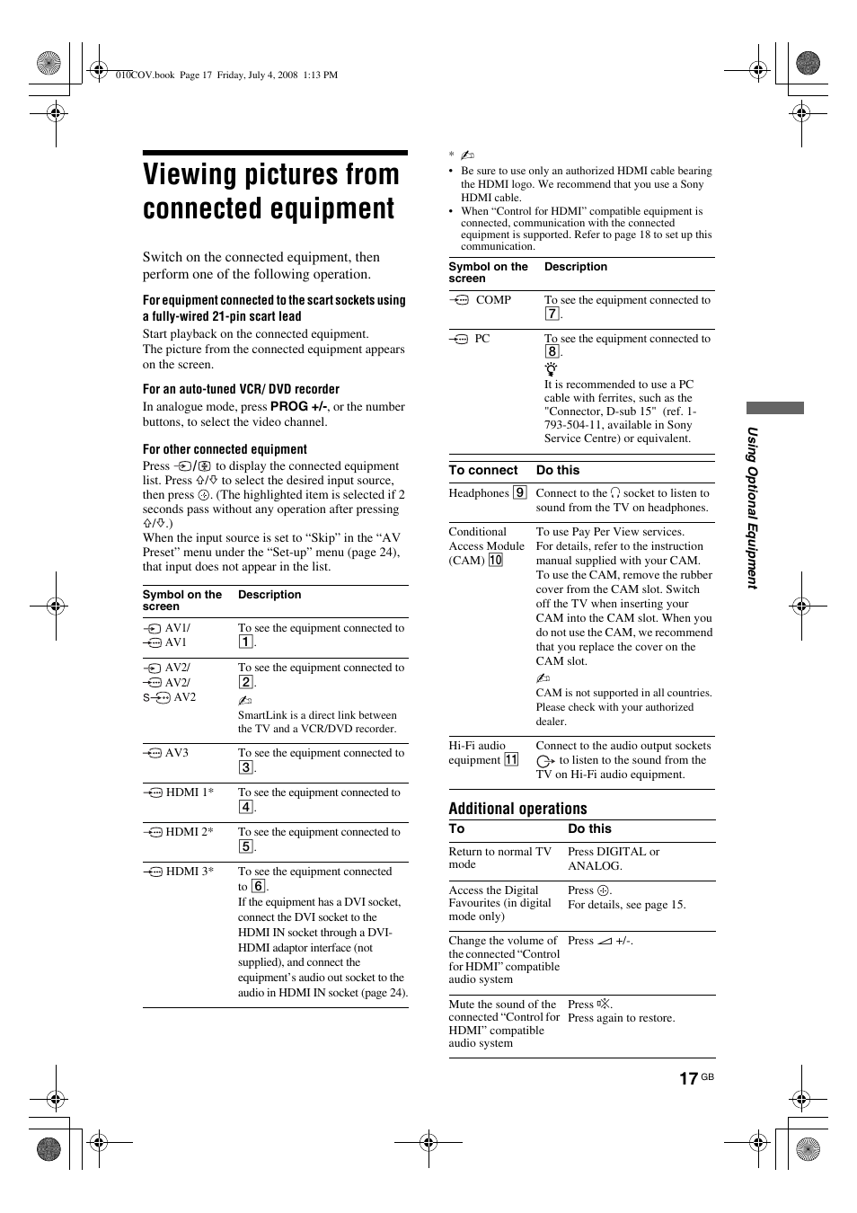 Viewing pictures from connected equipment | Sony KDL-26 S4000 User Manual | Page 17 / 181