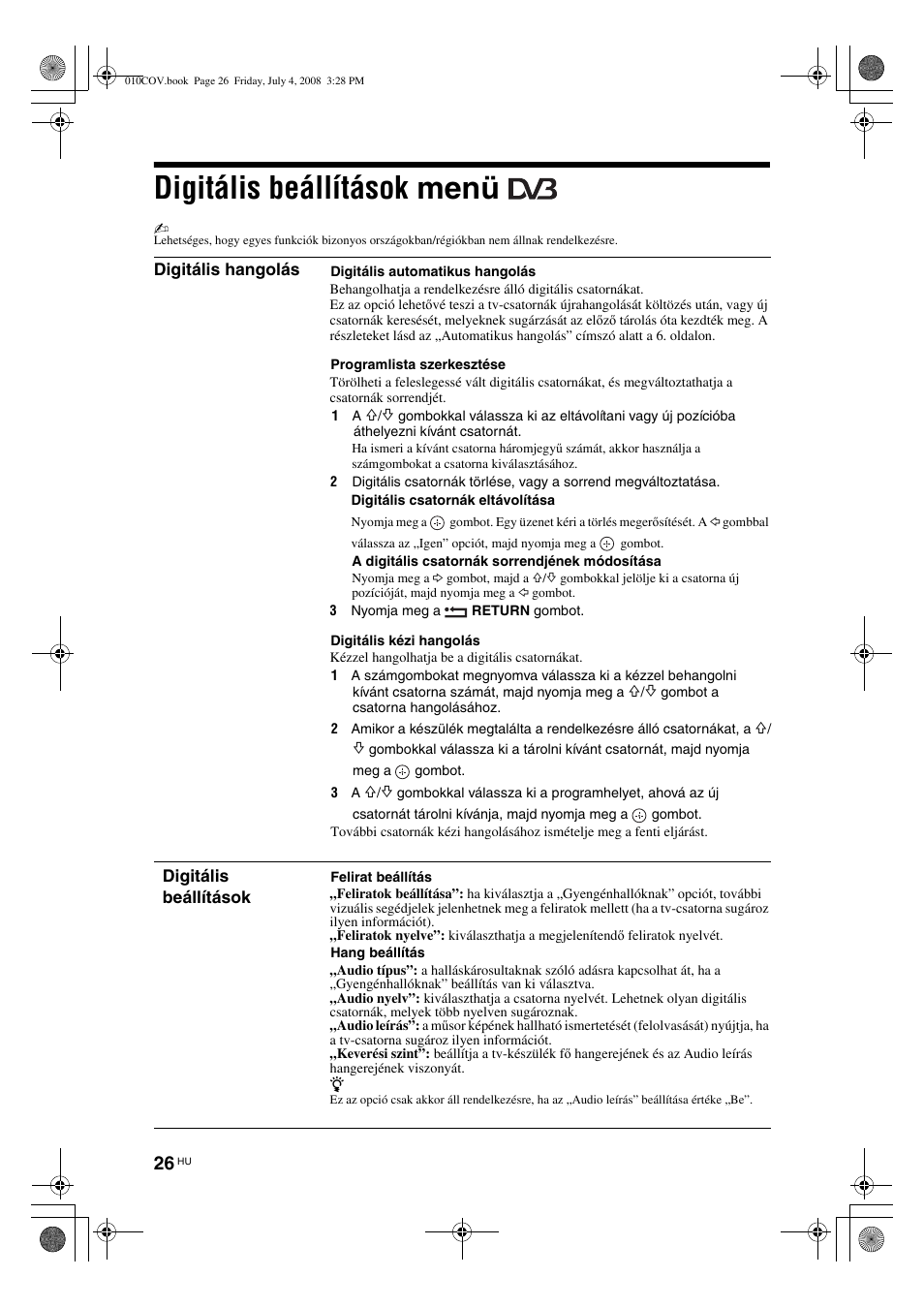 Digitális beállítások menü | Sony KDL-26 S4000 User Manual | Page 176 / 181
