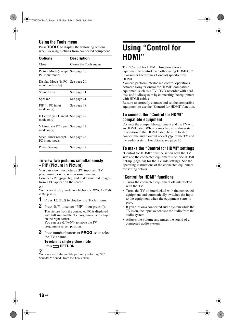 Using “control for hdmi | Sony KDL-26 S4000 User Manual | Page 18 / 181