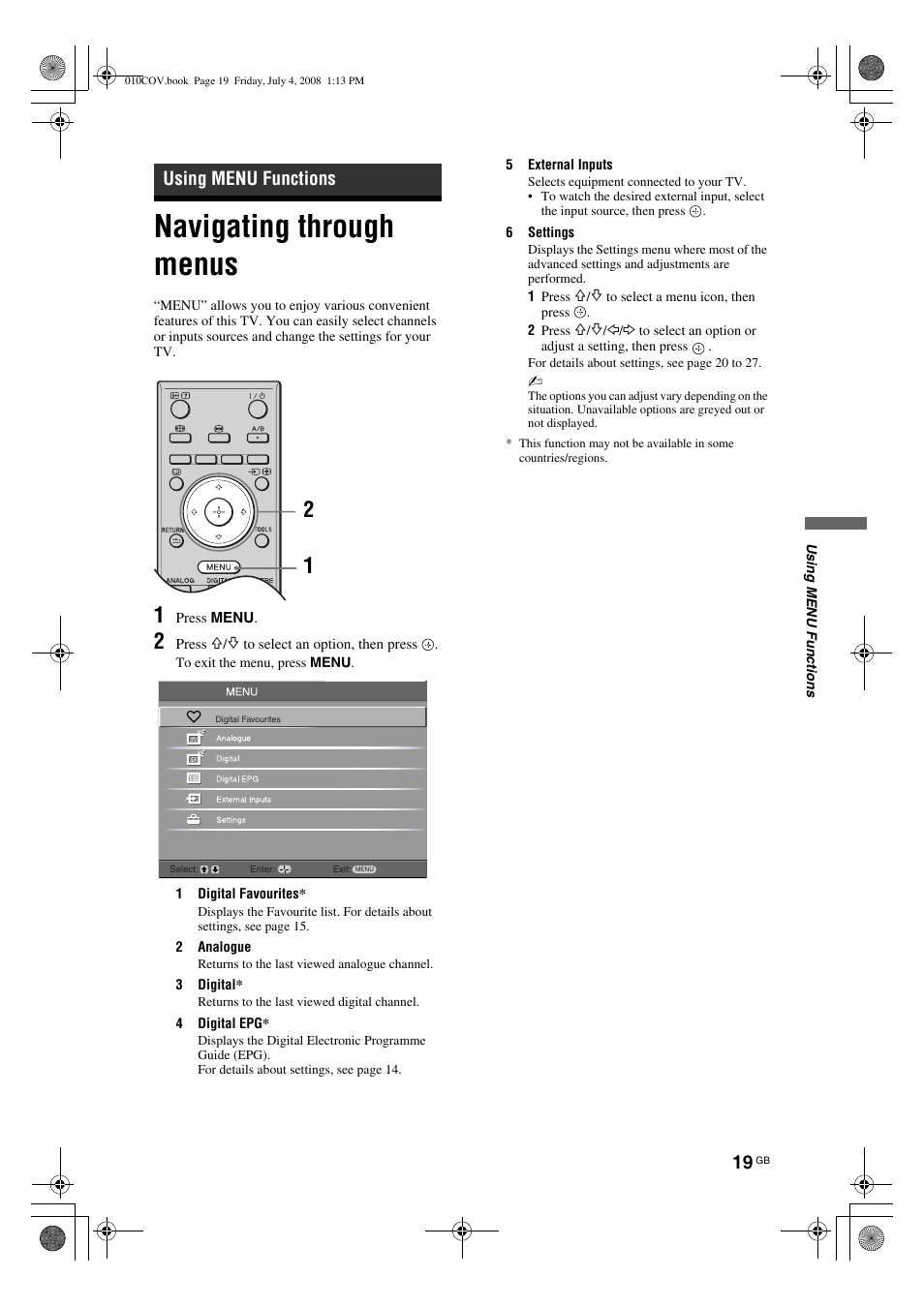 Navigating through menus, Using menu functions | Sony KDL-26 S4000 User Manual | Page 19 / 181
