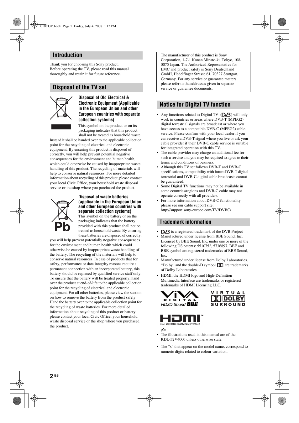 Trademark information | Sony KDL-26 S4000 User Manual | Page 2 / 181