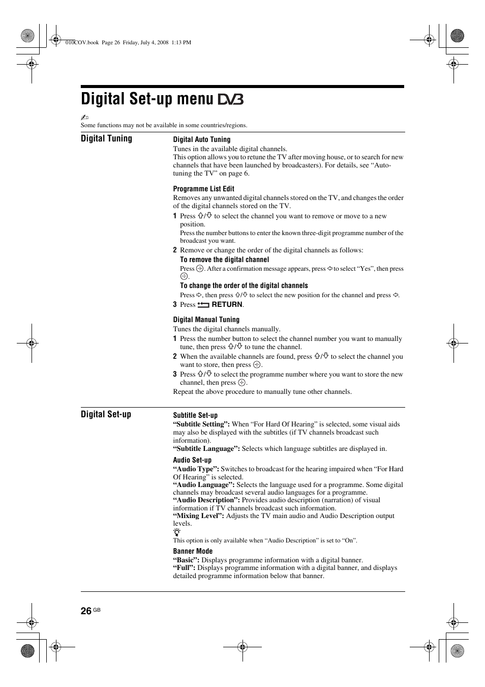Digital set-up menu | Sony KDL-26 S4000 User Manual | Page 26 / 181