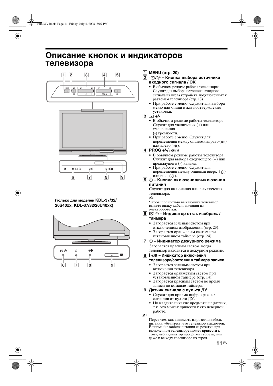 Описание кнопок и индикаторов телевизора | Sony KDL-26 S4000 User Manual | Page 41 / 181