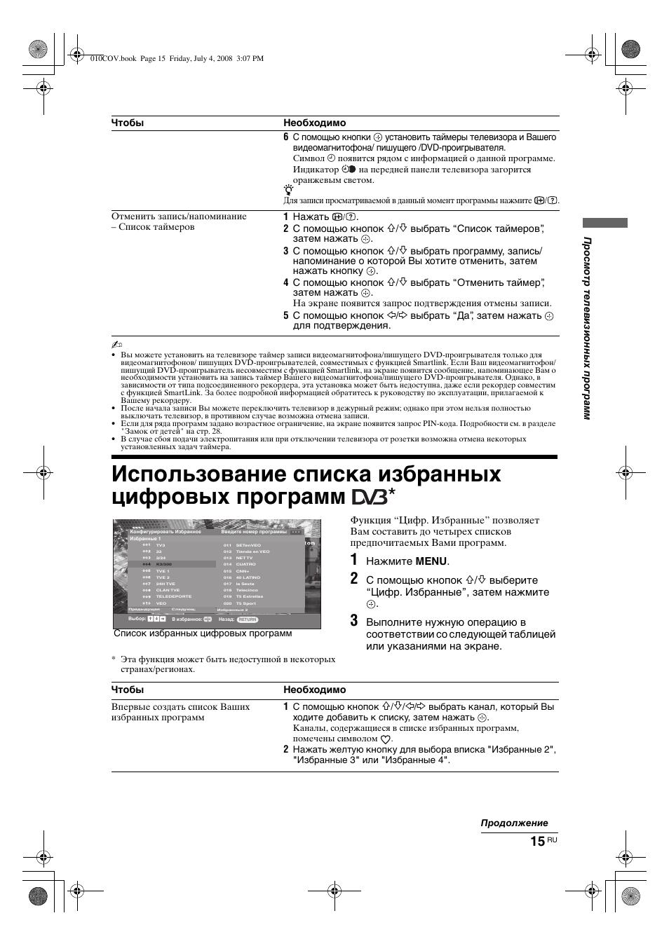 Использование списка избранных цифровых программ | Sony KDL-26 S4000 User Manual | Page 45 / 181