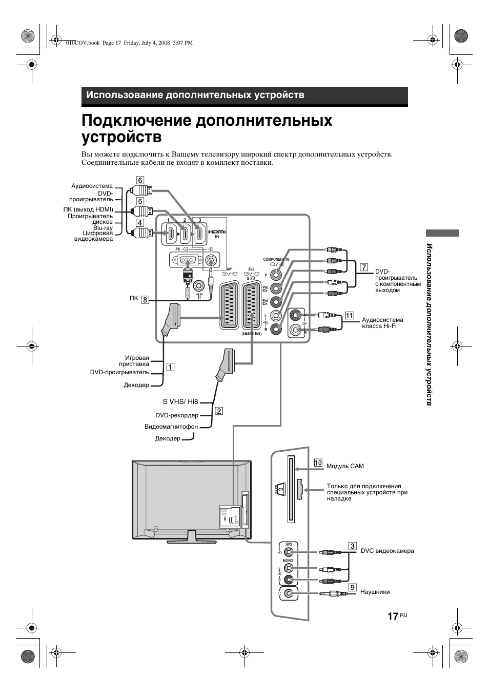 Подключение дополнительных устройств, Использование дополнительных устройств | Sony KDL-26 S4000 User Manual | Page 47 / 181