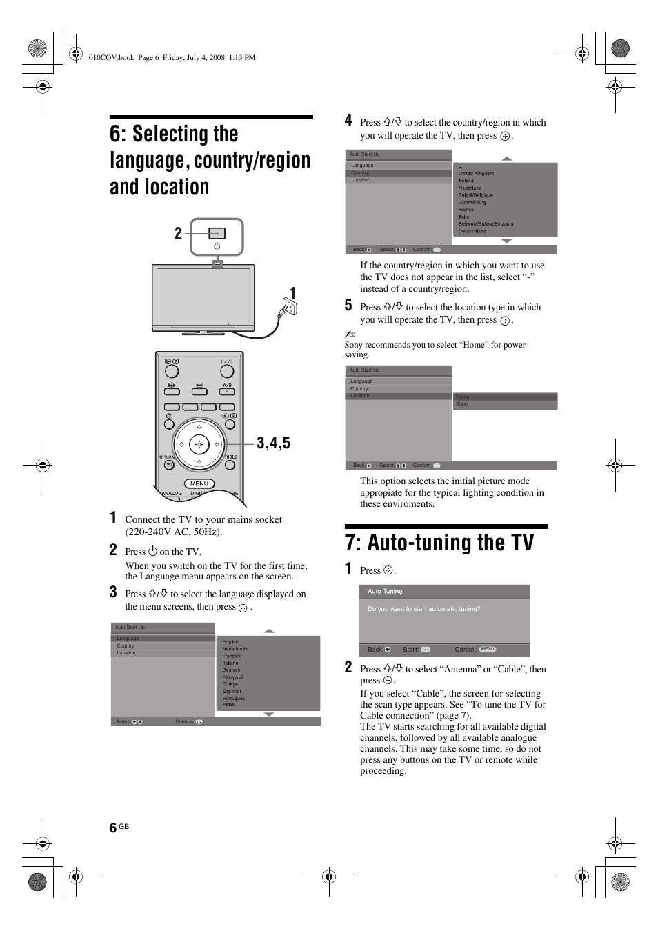 Auto-tuning the tv | Sony KDL-26 S4000 User Manual | Page 6 / 181