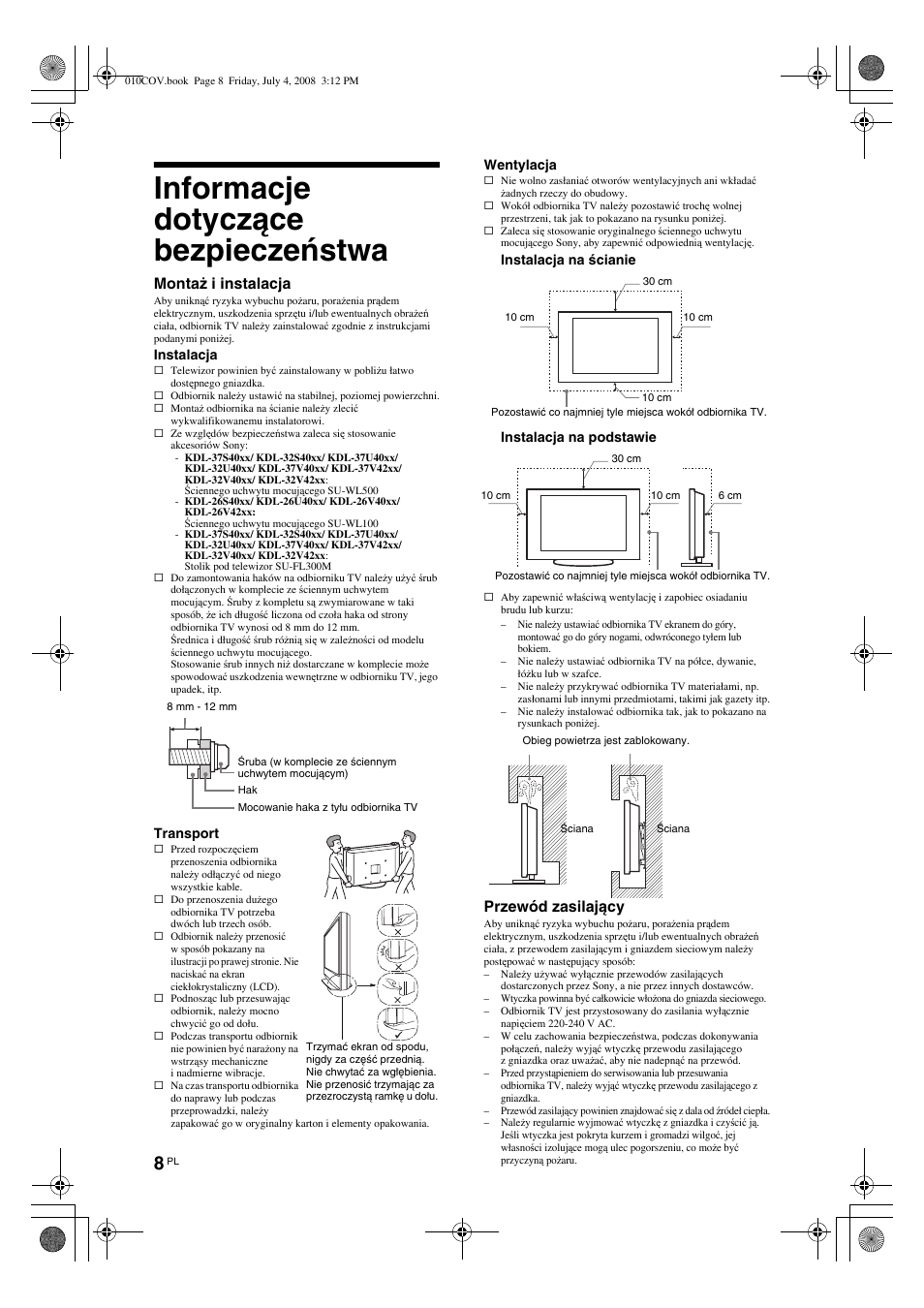 Informacje dotyczące bezpieczeństwa, Montaż i instalacja, Przewód zasilający | Sony KDL-26 S4000 User Manual | Page 68 / 181