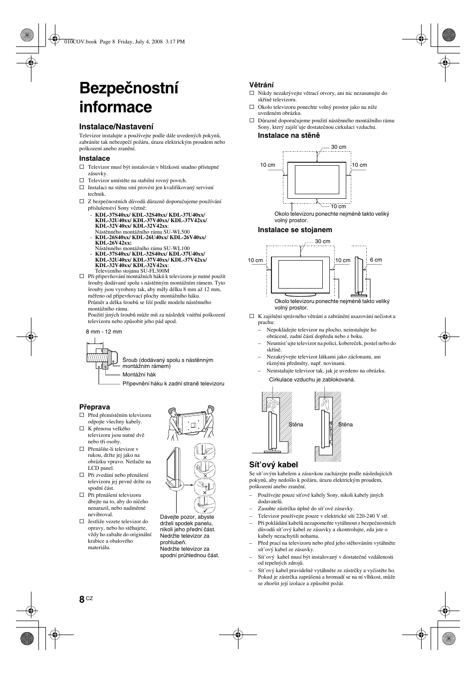 Bezpečnostní informace, Instalace/nastavení, Sít’ový kabel | Sony KDL-26 S4000 User Manual | Page 98 / 181