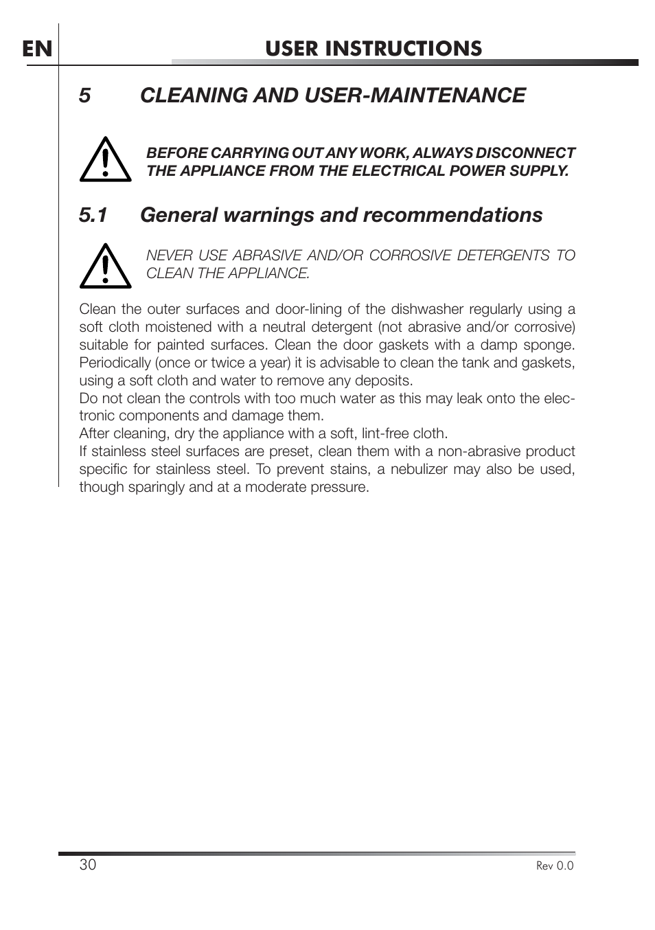 User instructions, 5cleaning and user-maintenance, 1 general warnings and recommendations | Smeg STA4645U User Manual | Page 47 / 93