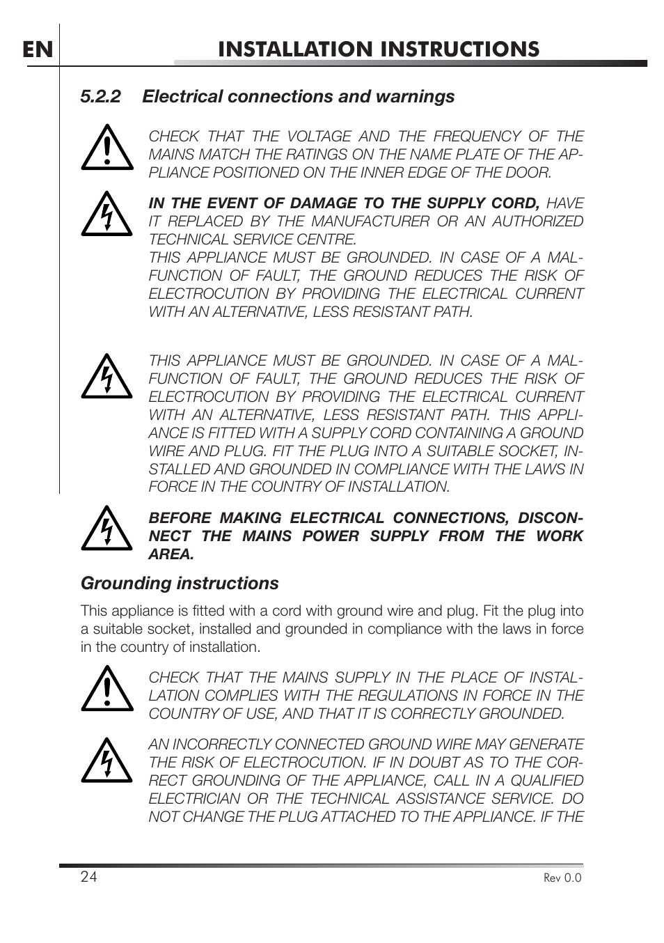 Installation instructions, 5 .2.2 electrical connections and warnings, Grounding instructions | Smeg STA4645U User Manual | Page 78 / 93