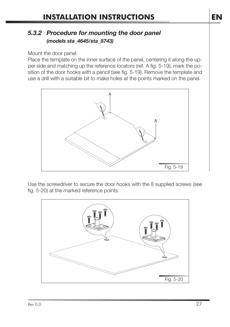 Installation instructions, 2 procedure for mounting the door panel | Smeg STA4645U User Manual | Page 81 / 93