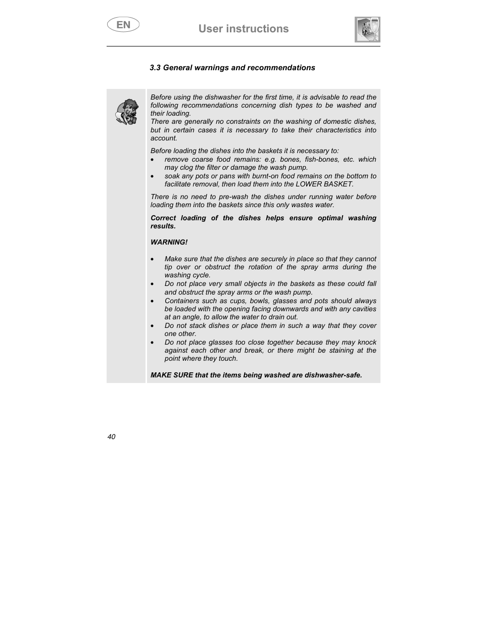 User instructions | Smeg DD409S User Manual | Page 27 / 38