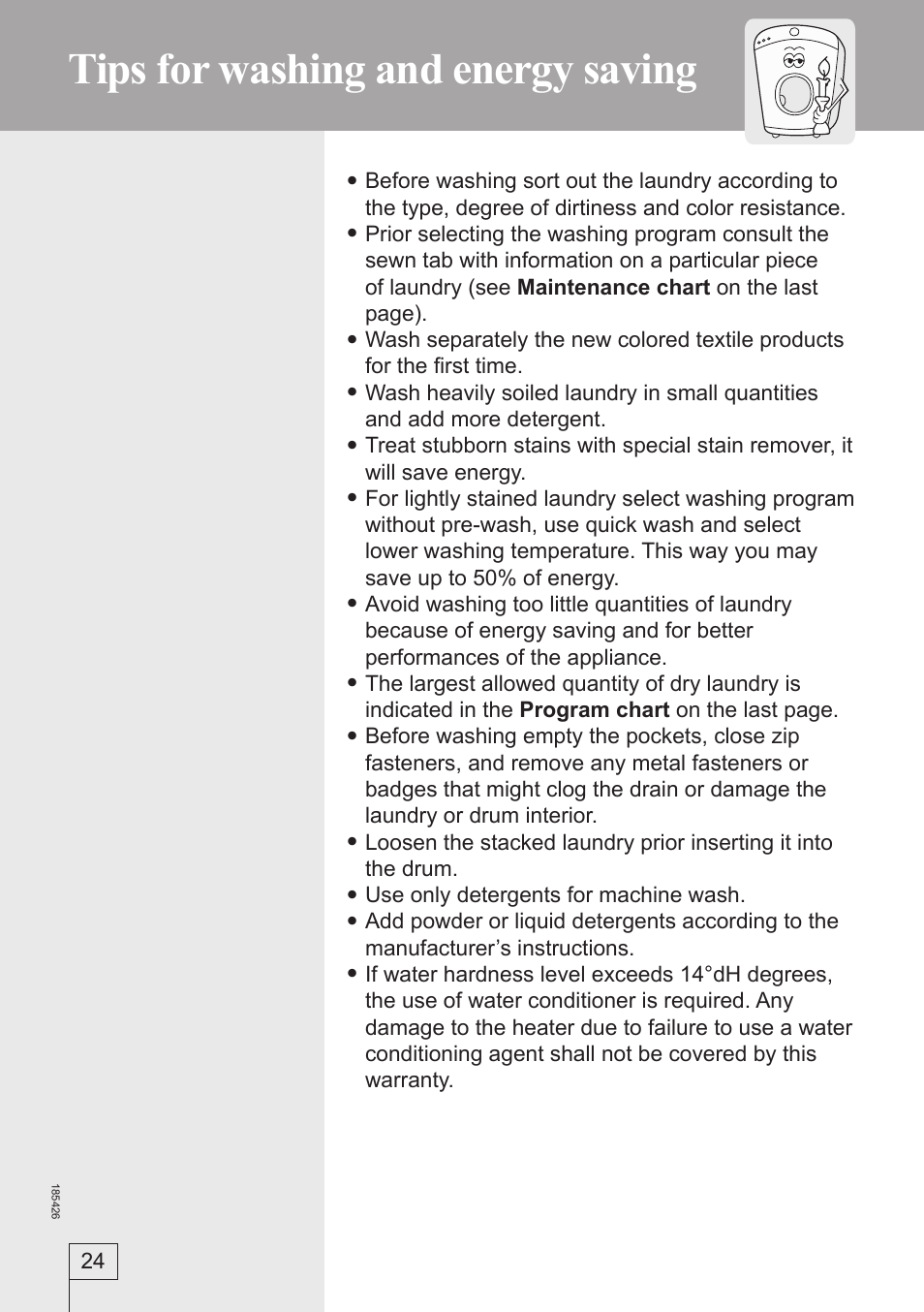 Tips for washing and energy saving | Smeg 185426 User Manual | Page 24 / 36