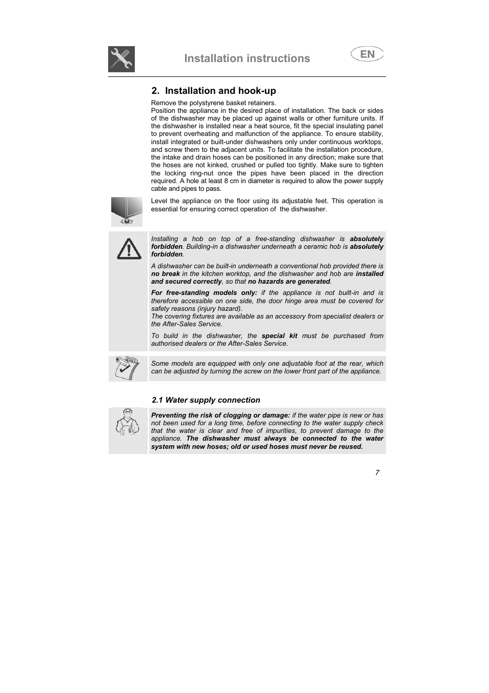 Installation instructions, Installation and hook-up | Smeg SNZ414IS User Manual | Page 6 / 32