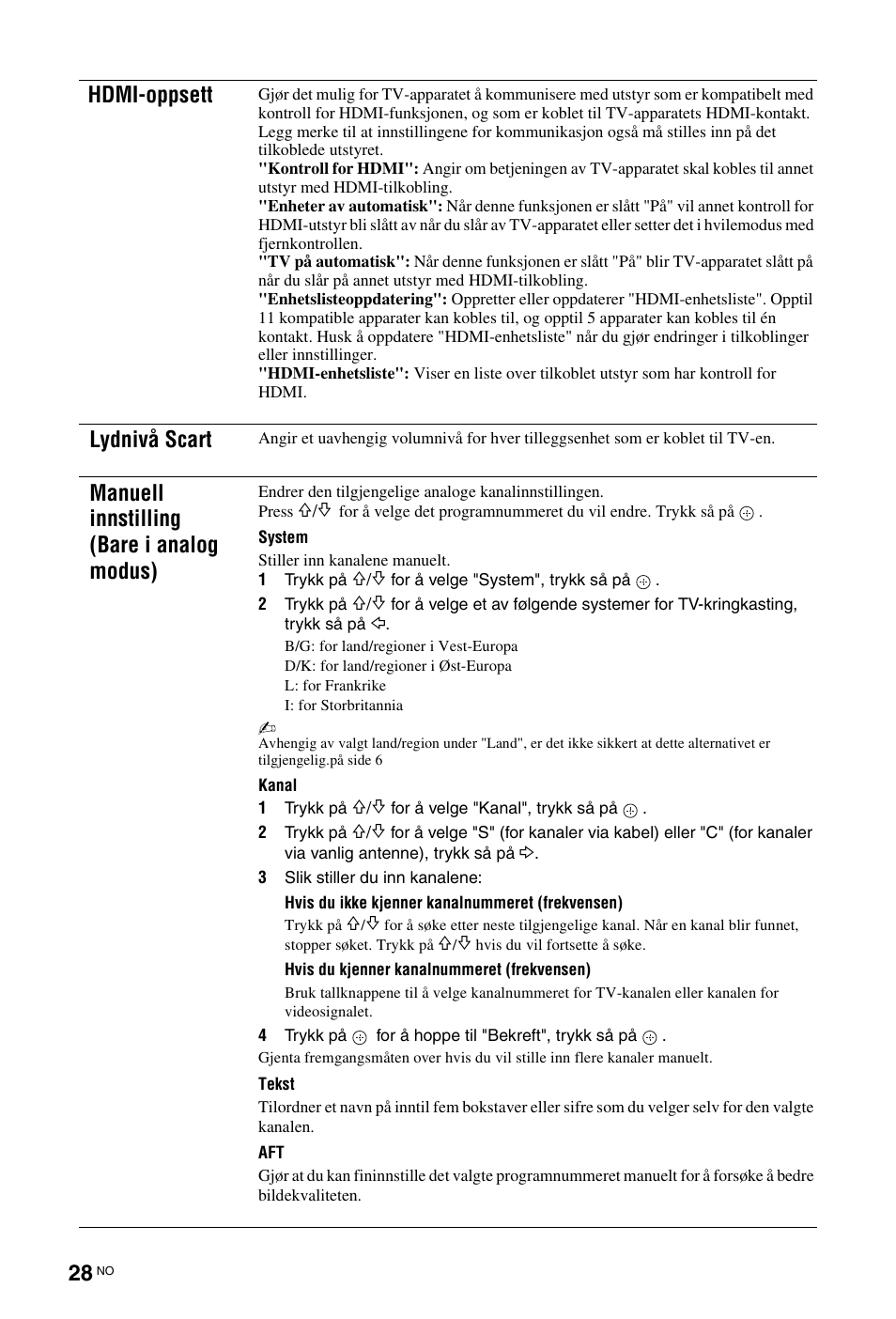 På side 28, Hdmi-oppsett, Lydnivå scart | Manuell innstilling (bare i analog modus) | Sony KDL-19L4000 User Manual | Page 100 / 255