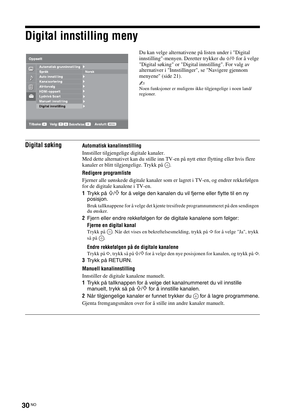 Digital innstilling meny | Sony KDL-19L4000 User Manual | Page 102 / 255