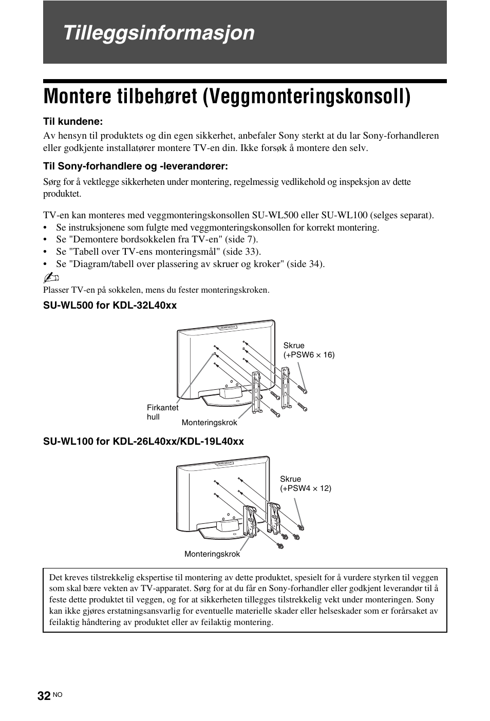 Tilleggsinformasjon, Montere tilbehøret (veggmonteringskonsoll) | Sony KDL-19L4000 User Manual | Page 104 / 255