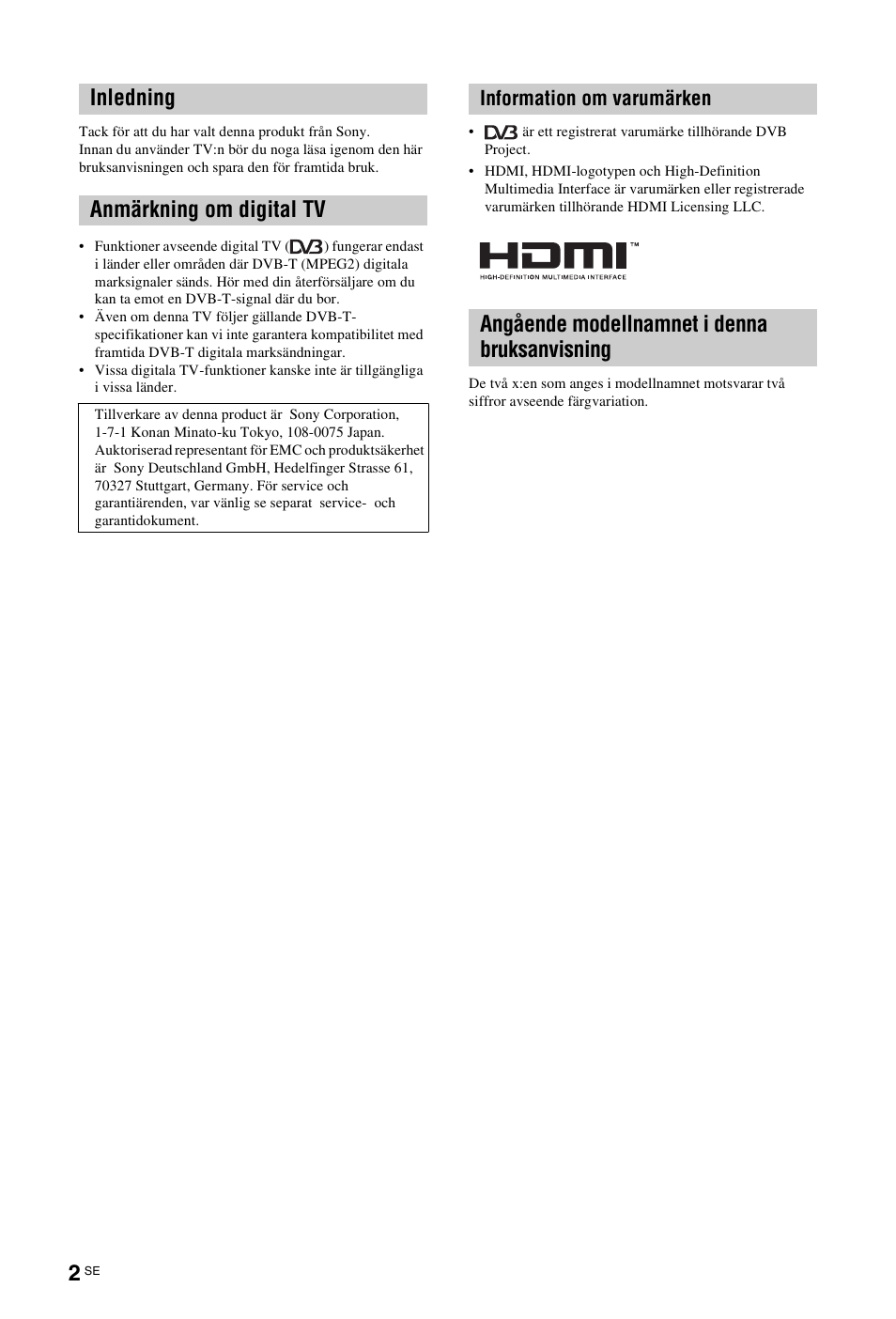 Inledning anmärkning om digital tv, Angående modellnamnet i denna bruksanvisning, Information om varumärken | Sony KDL-19L4000 User Manual | Page 110 / 255