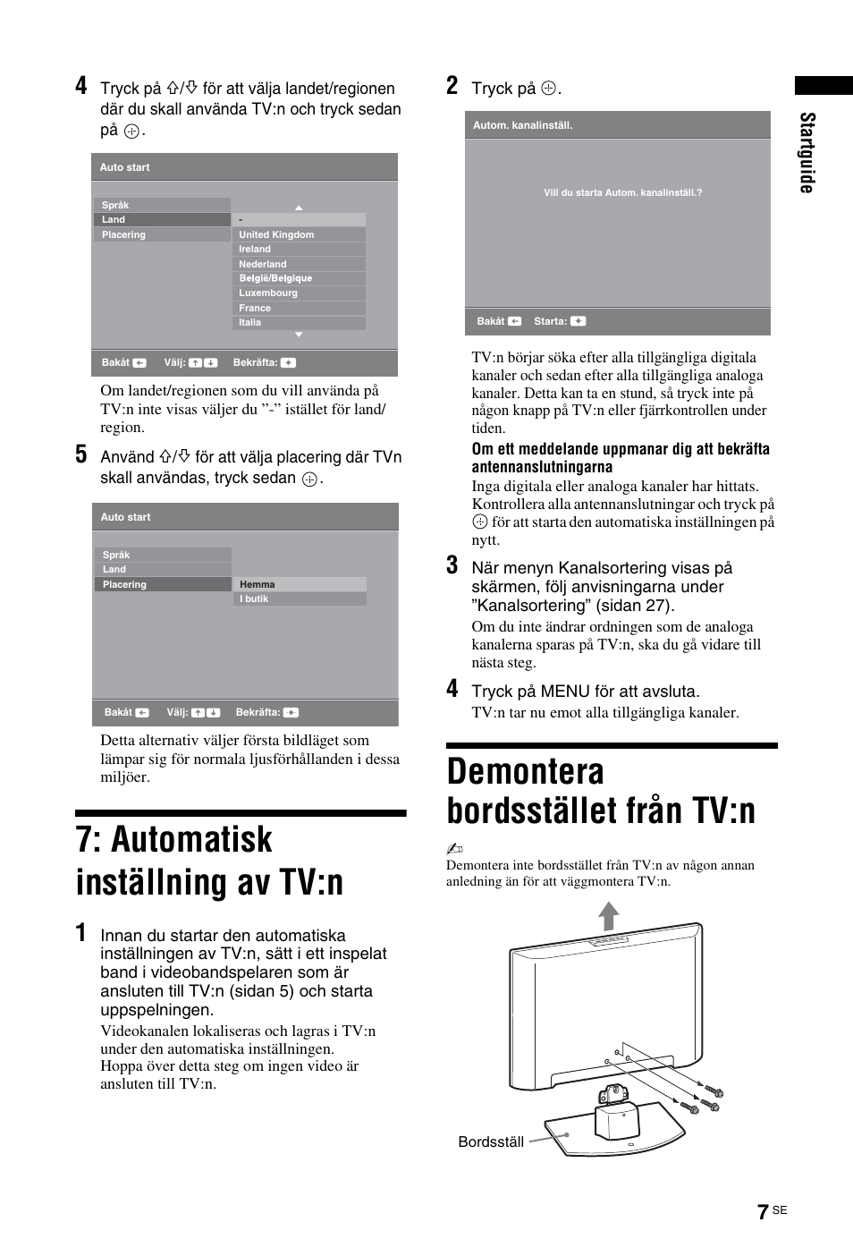 Automatisk inställning av tv:n, Demontera bordsstället från tv:n, St art gui de | Sony KDL-19L4000 User Manual | Page 115 / 255