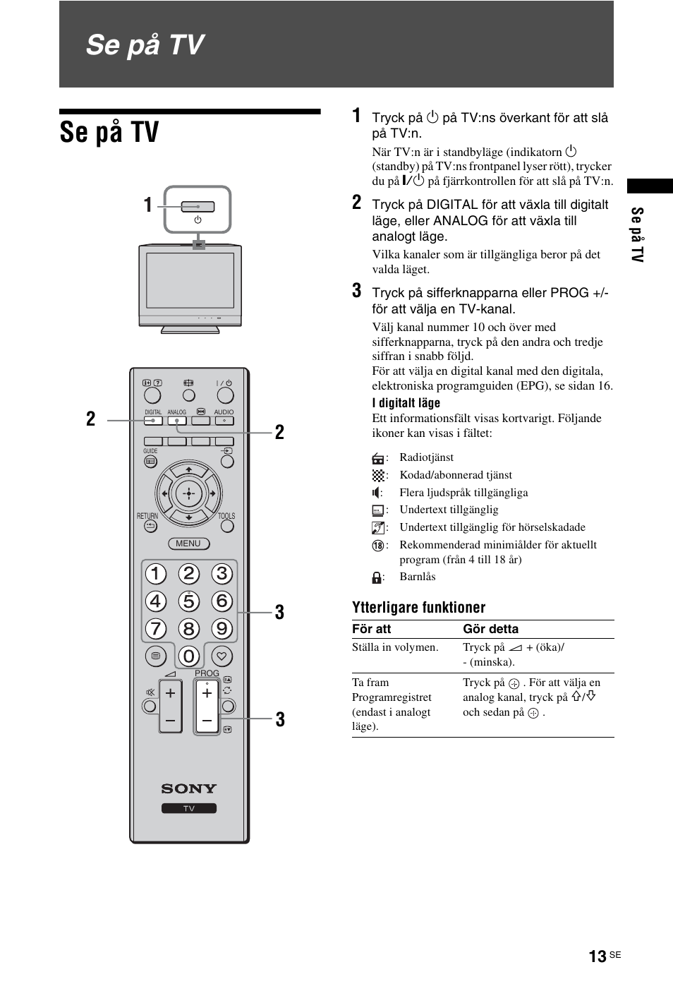 Se på tv, Sidan 13) | Sony KDL-19L4000 User Manual | Page 121 / 255