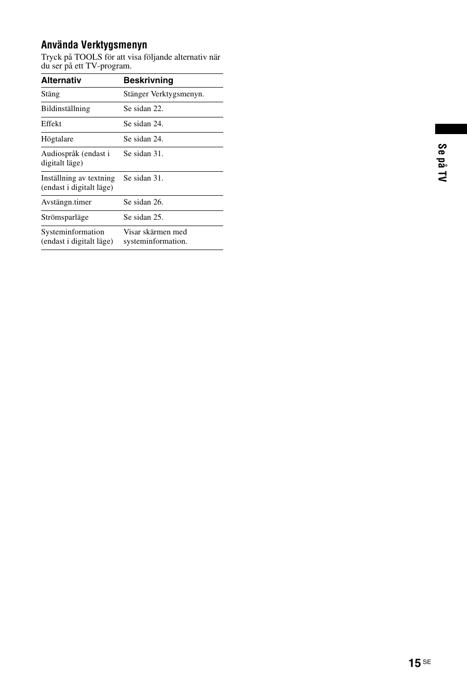 S (sidan 15, Se på tv använda verktygsmenyn | Sony KDL-19L4000 User Manual | Page 123 / 255