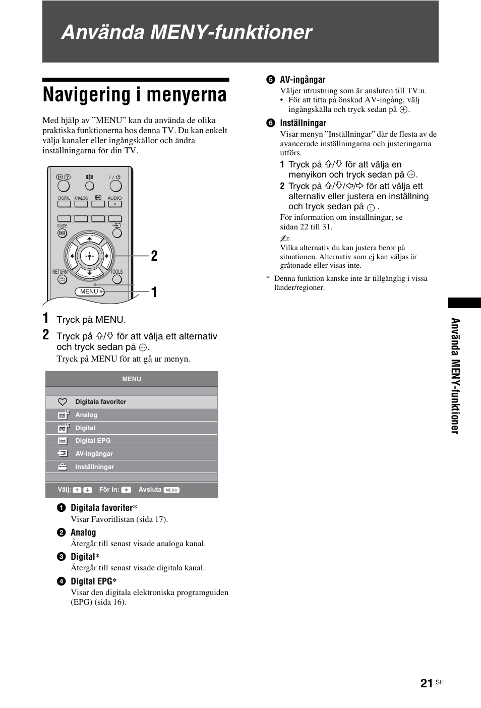 Använda meny-funktioner, Navigering i menyerna, Sidan 21) | Använda meny-funktioner navigering i menyerna, Anv ända m e ny-f unk ti oner | Sony KDL-19L4000 User Manual | Page 129 / 255