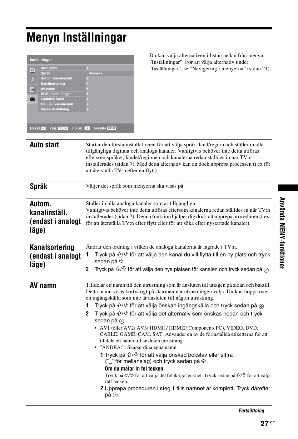 Menyn inställningar, Auto start, Språk | Autom. kanalinställ. (endast i analogt läge), Kanalsortering (endast i analogt läge), Av namn | Sony KDL-19L4000 User Manual | Page 135 / 255