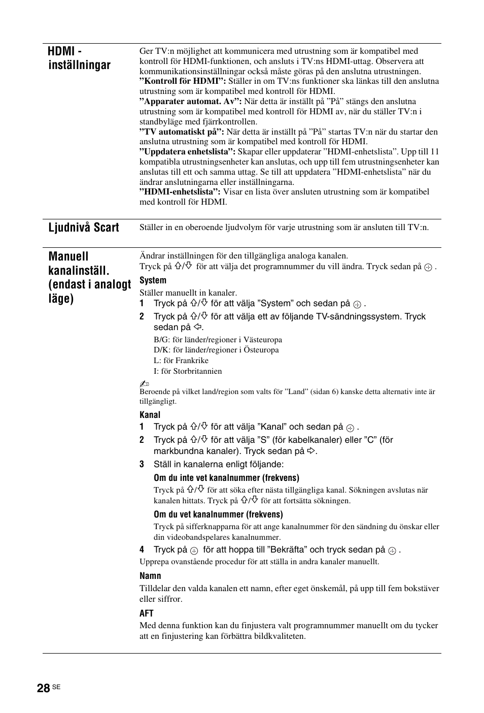 Sidan 28. re, Hdmi - inställningar, Ljudnivå scart | Manuell kanalinställ. (endast i analogt läge) | Sony KDL-19L4000 User Manual | Page 136 / 255