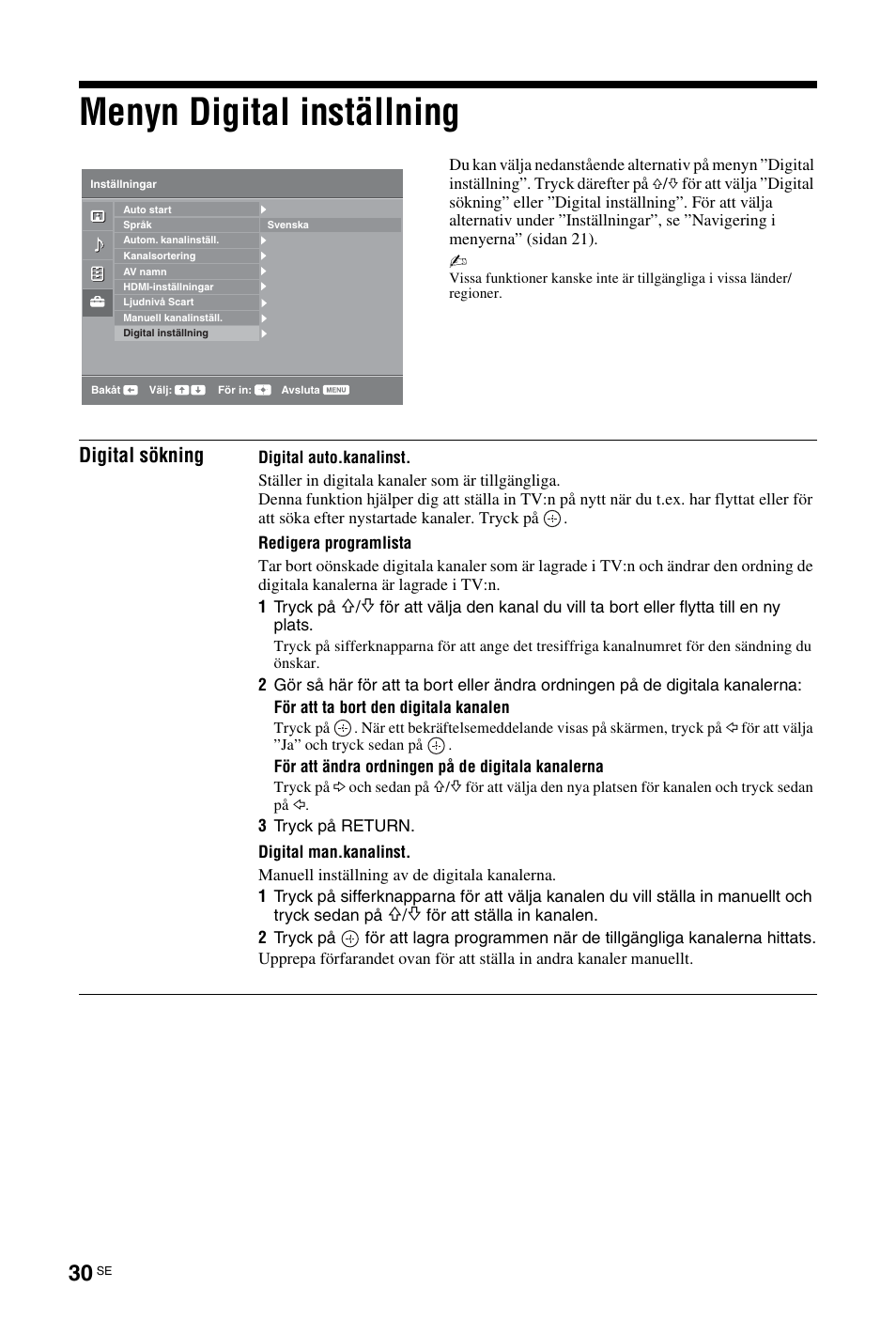 Menyn digital inställning, Digital sökning | Sony KDL-19L4000 User Manual | Page 138 / 255