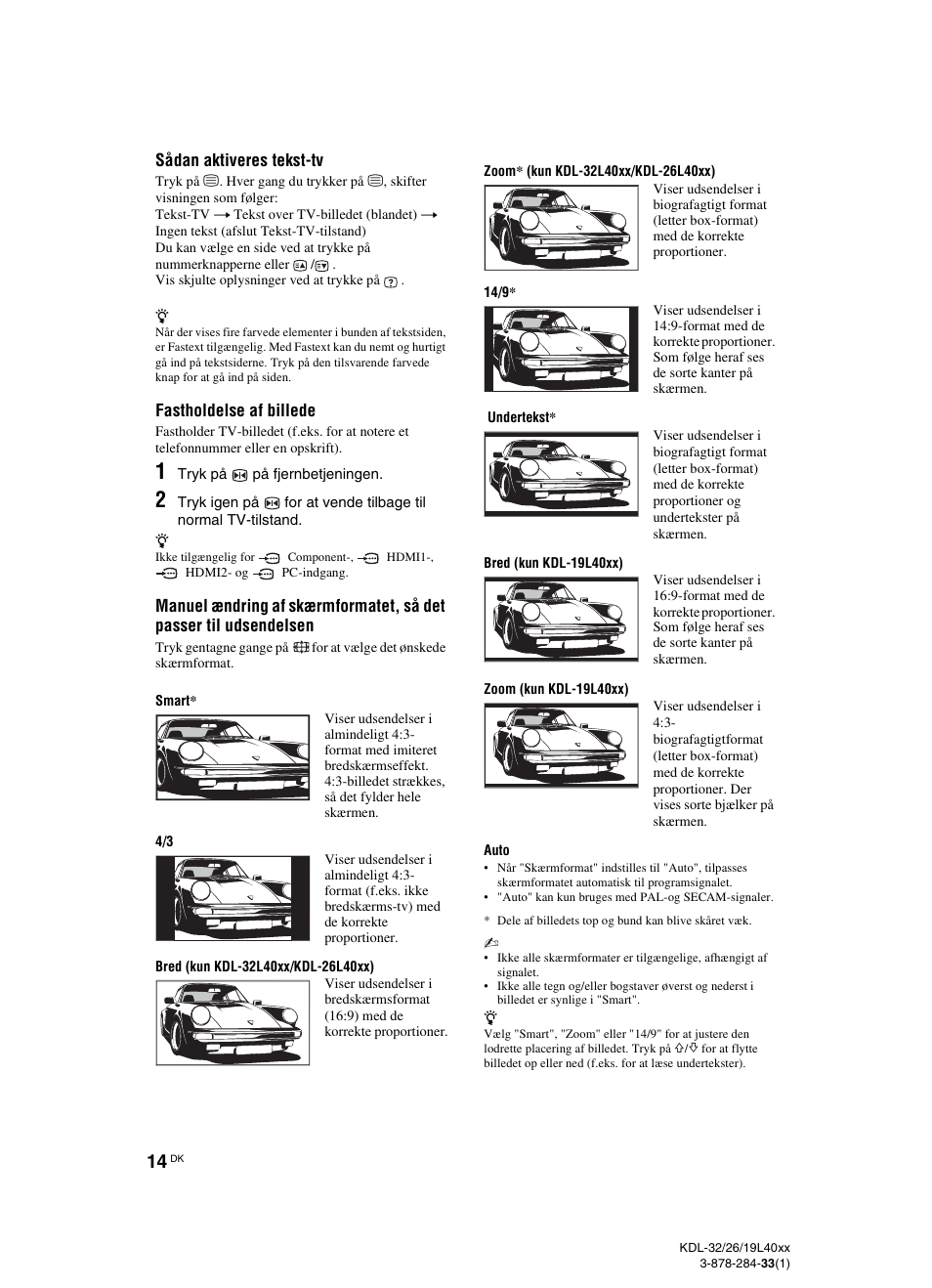 Side 14), Side 14, Side 14): vælg | Sådan aktiveres tekst-tv, Fastholdelse af billede | Sony KDL-19L4000 User Manual | Page 14 / 255