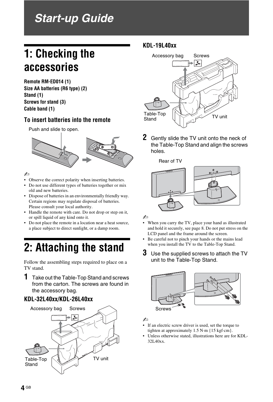 Start-up guide, Start-up guide 1: checking the accessories, Attaching the stand | Sony KDL-19L4000 User Manual | Page 148 / 255