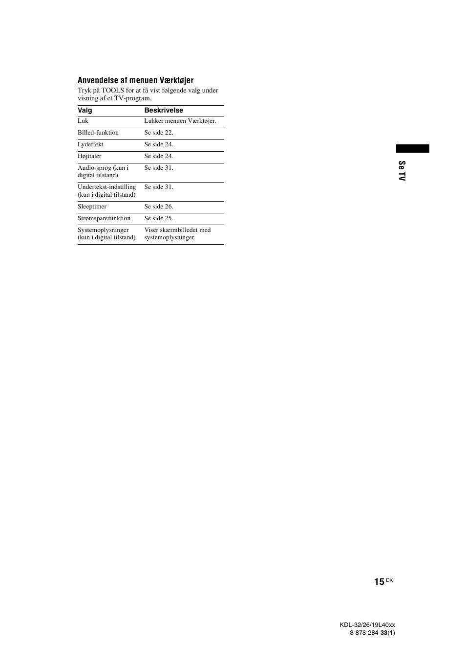 Side 15, Se tv anvendelse af menuen værktøjer | Sony KDL-19L4000 User Manual | Page 15 / 255