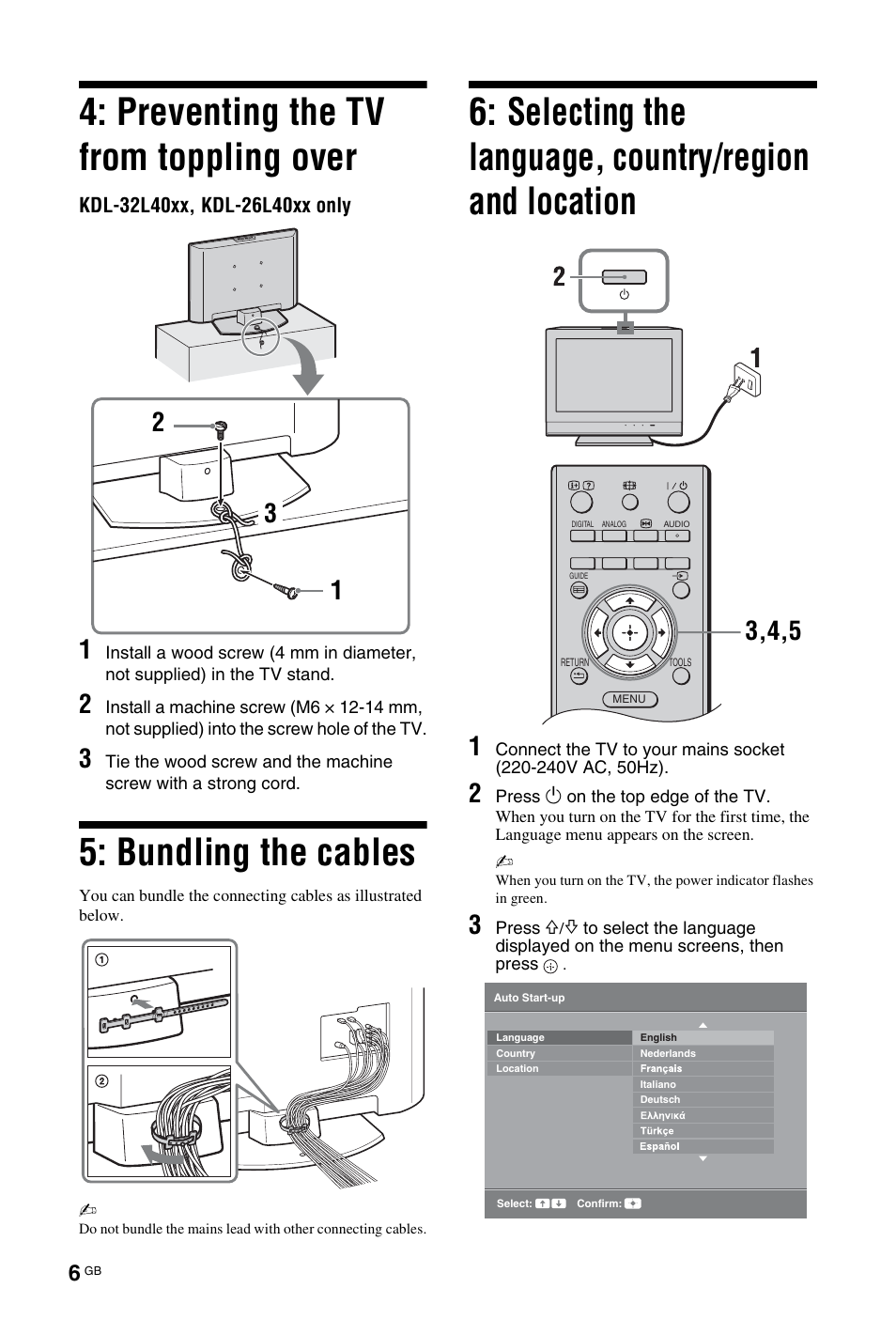 Preventing the tv from toppling over, Bundling the cables | Sony KDL-19L4000 User Manual | Page 150 / 255