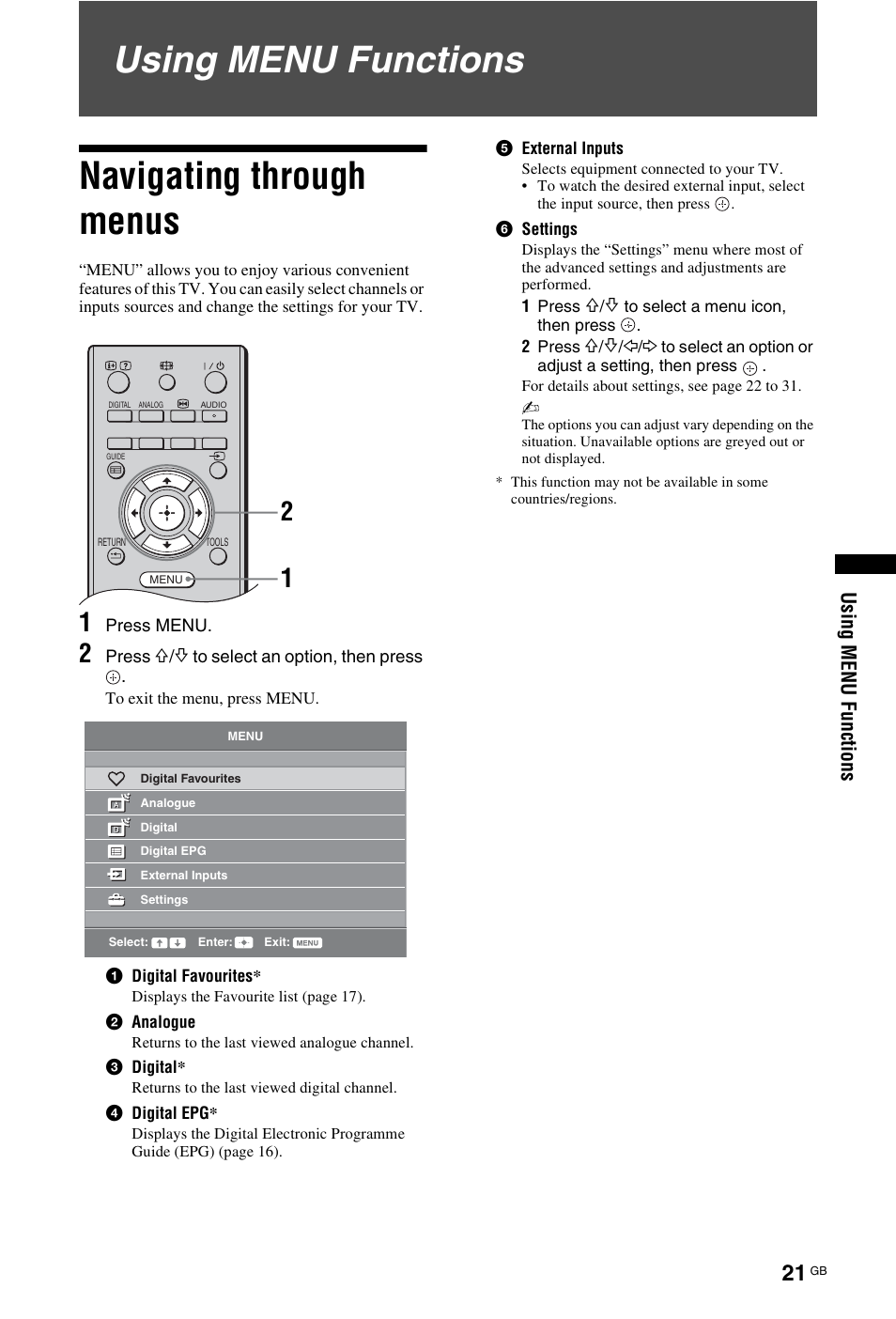 Using menu functions, Navigating through menus, Using menu functions navigating through menus | Usi ng menu func ti ons | Sony KDL-19L4000 User Manual | Page 165 / 255