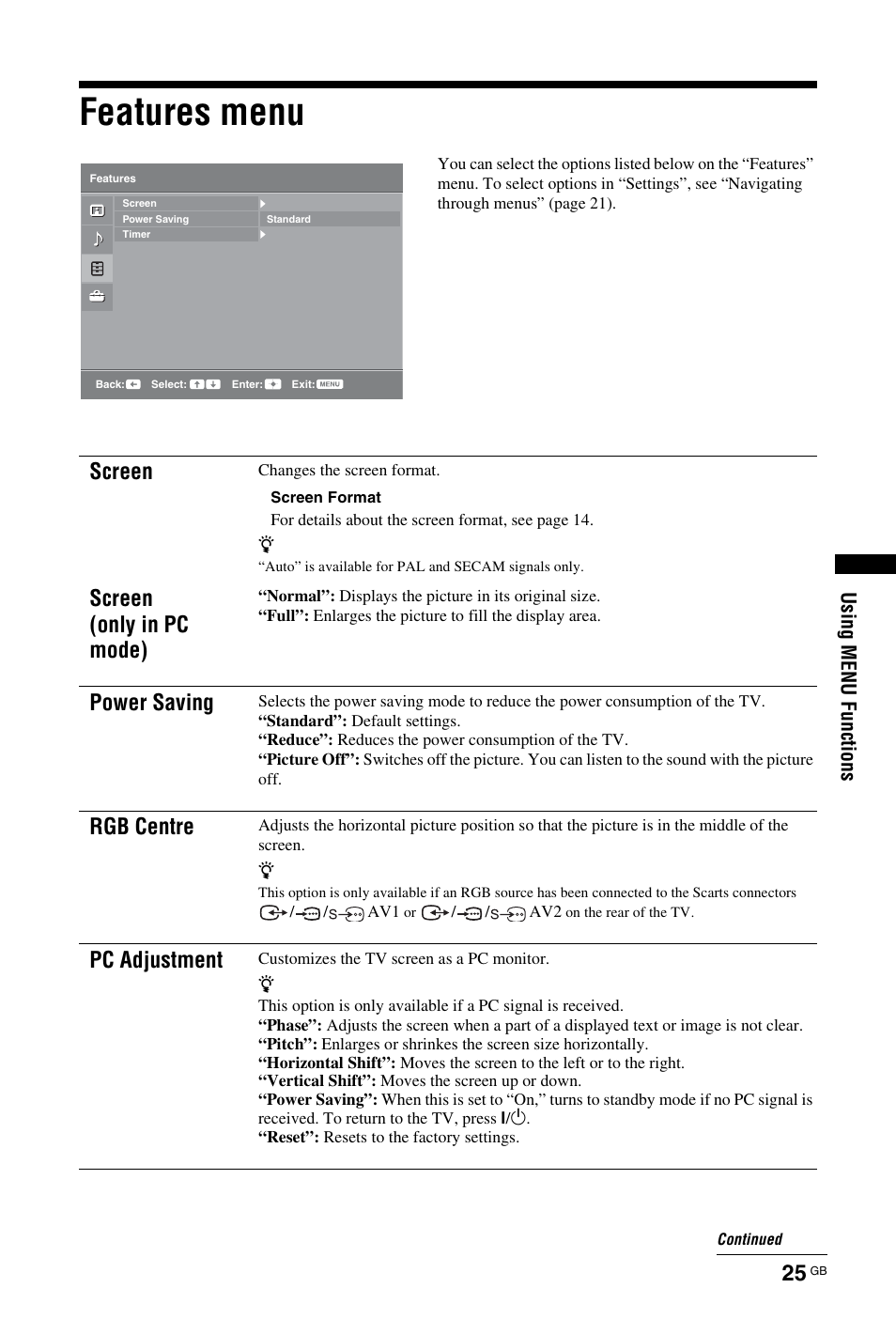 Features menu, Screen screen (only in pc mode), Power saving | Rgb centre, Pc adjustment, Usi ng menu func ti ons | Sony KDL-19L4000 User Manual | Page 169 / 255