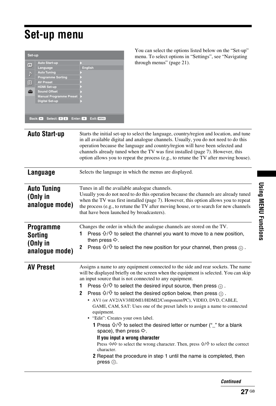 Set-up menu, Auto start-up, Language | Auto tuning (only in analogue mode), Programme sorting (only in analogue mode), Av preset, Usi ng menu func ti ons | Sony KDL-19L4000 User Manual | Page 171 / 255