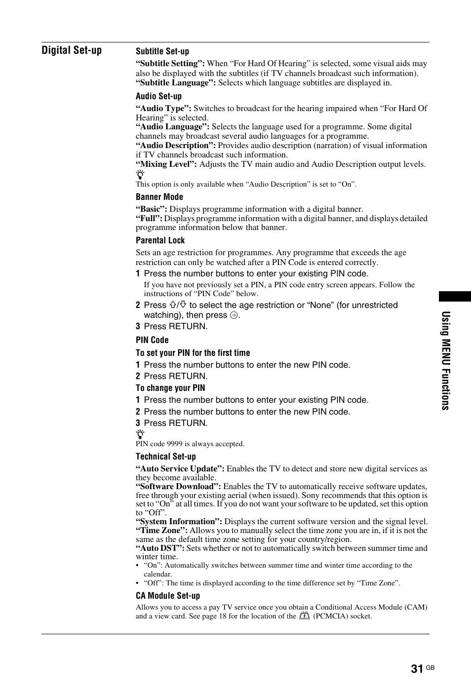 Usi ng menu func ti ons digital set-up | Sony KDL-19L4000 User Manual | Page 175 / 255