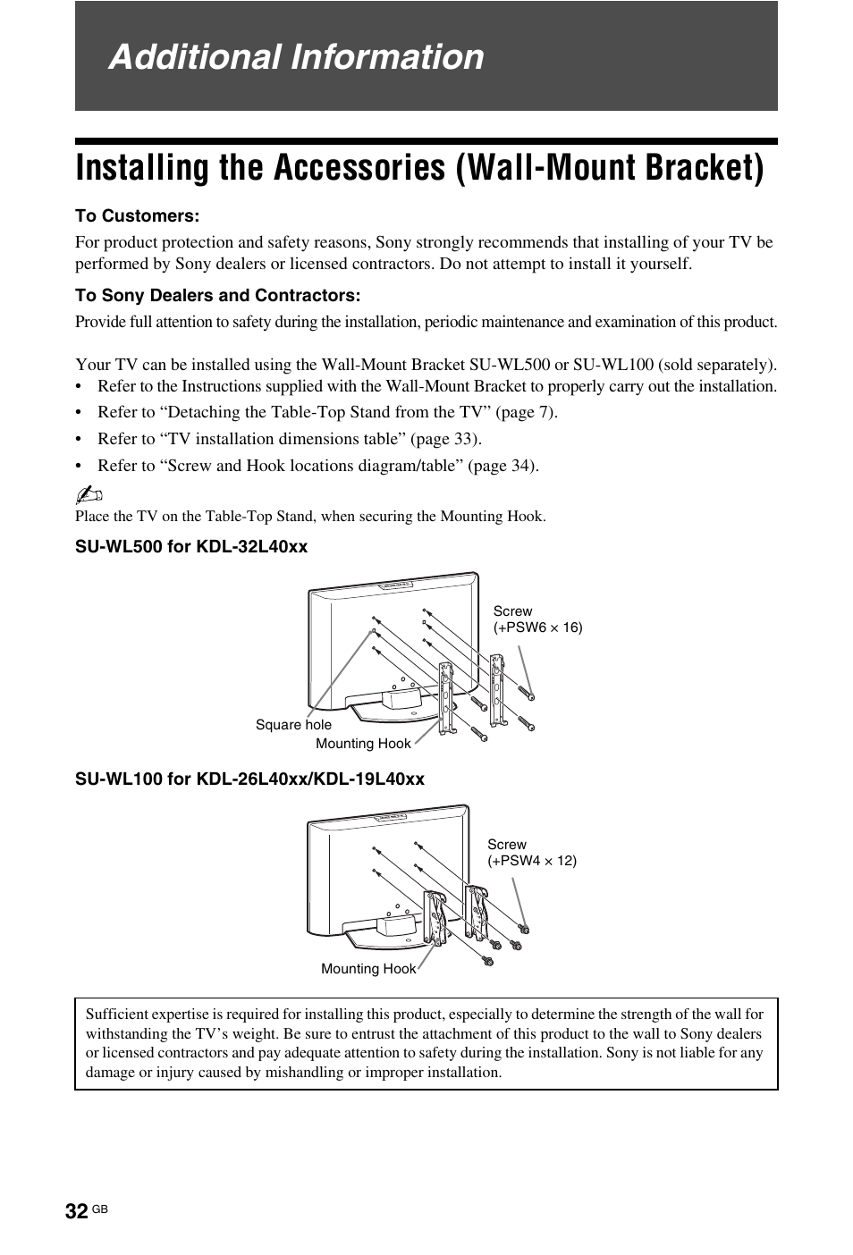 Additional information, Installing the accessories (wall-mount bracket) | Sony KDL-19L4000 User Manual | Page 176 / 255