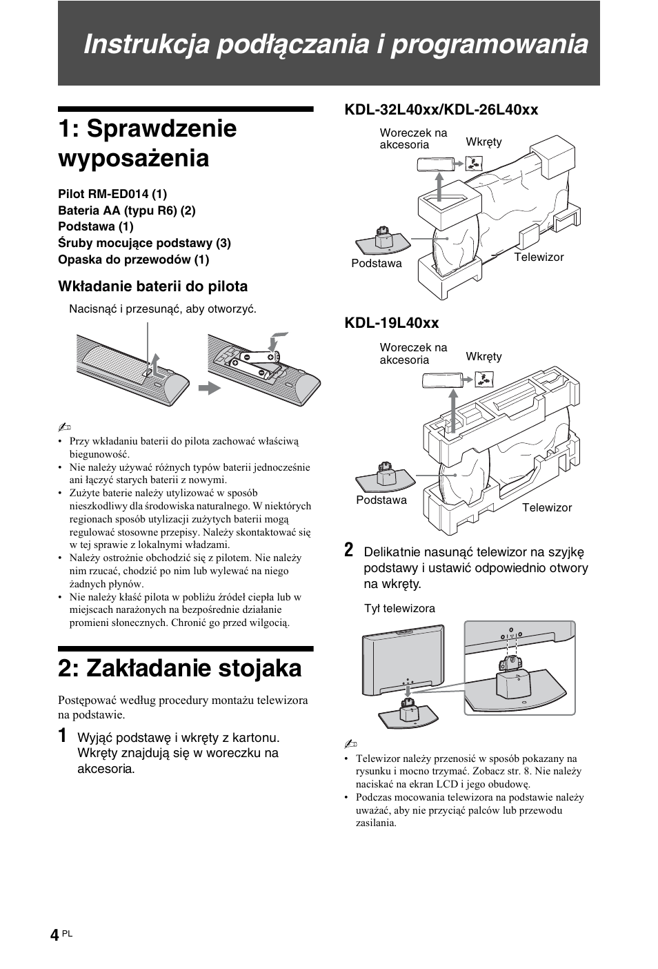 Instrukcja podłączania i programowania, Instrukcja podłączenia i programowania, Info | Sprawdzenie wyposażenia, Zakładanie stojaka | Sony KDL-19L4000 User Manual | Page 184 / 255