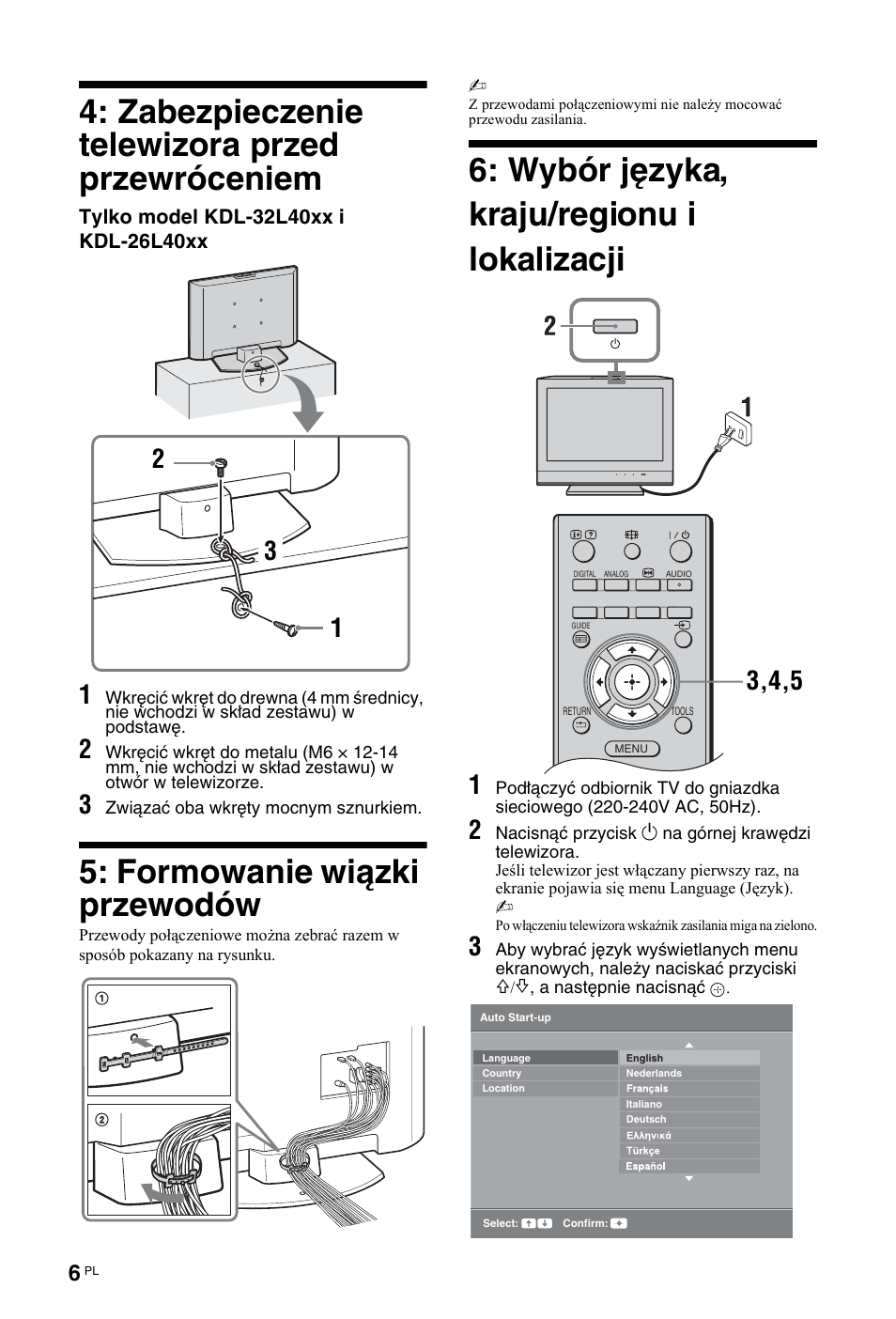 Zabezpieczenie telewizora przed przewróceniem, Formowanie wiązki przewodów, Wybór języka, kraju/regionu i lokalizacji | Sony KDL-19L4000 User Manual | Page 186 / 255
