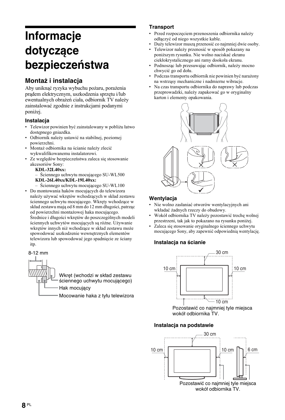 Informacje dotyczące bezpieczeństwa, Montaż i instalacja | Sony KDL-19L4000 User Manual | Page 188 / 255