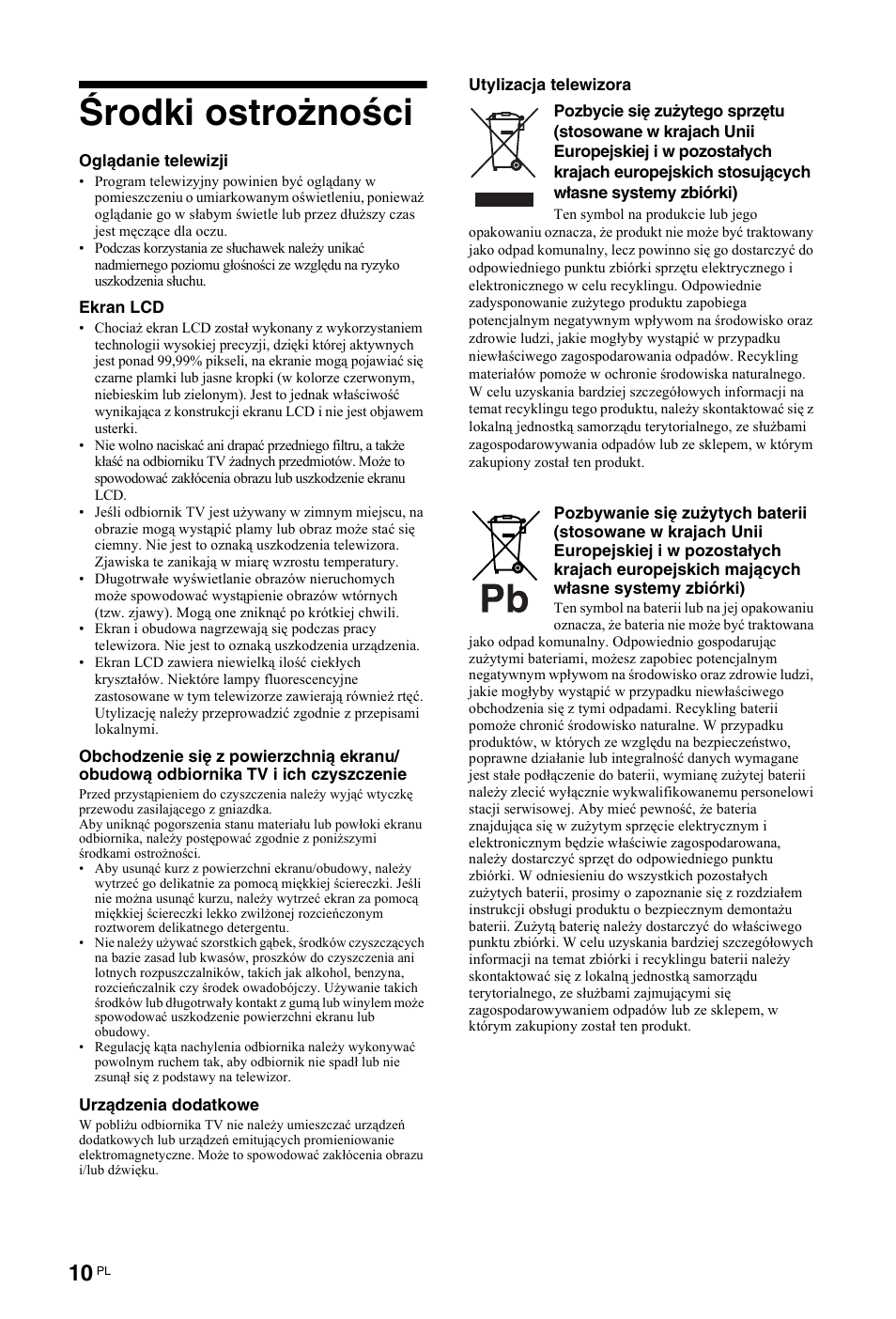 Środki ostrożności | Sony KDL-19L4000 User Manual | Page 190 / 255